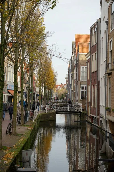 アムステルダム市内中心部近くの古い運河 木々に囲まれ 遠くに橋が見える — ストック写真