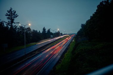 Ağaçlarla çevrili yol ışıklarının hava manzarası.