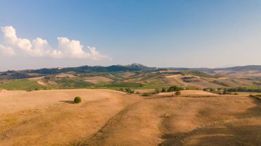 İtalya 'daki Toskana tarlalarının hava manzarası güneşli bir günde görülüyor.