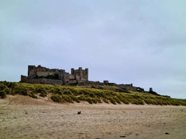 Yeşil çimlerle çevrili eski gri bir şatonun alçak açılı görüntüsü ve güzel bir gökyüzünün altında beyaz bir plaj.