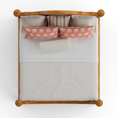 Beyaz arka planda yastıklı bir yatağın 3 boyutlu çizimi