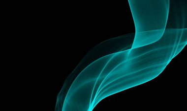 Soyut şekilli ipeksi bir turkuaz, siyah bir fona karşı mavi bir duman.