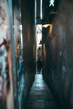Binalar arasındaki dar bir geçitte merdivenlerden inen bir kişinin dikey görüntüsü.