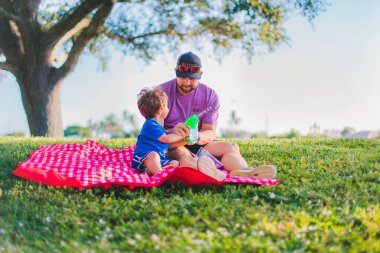Mutlu genç baba parkta oğluyla piknik yapıyor. Seçici bir odak noktası.