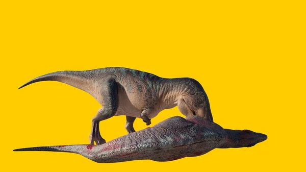 黄色の背景に隔離された死んだものの近くに立っている恐竜の王Acrocanthosaurus — ストック写真