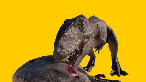 Illustration Dinosaur Eating Another Dinosaur Isolated Yellow Blank Background — Stock Photo, Image