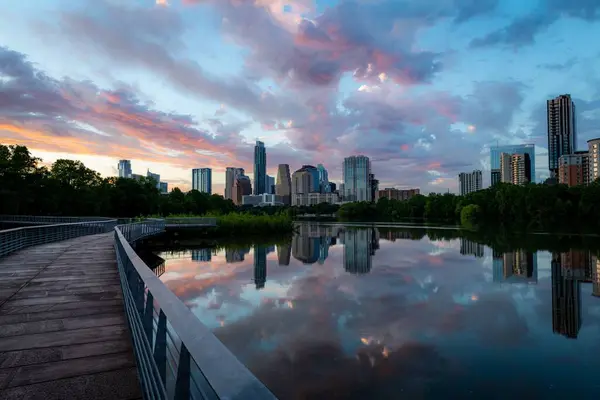 Una Vista Panorámica Ciudad Austin Con Una Hermosa Puesta Sol — Foto de Stock