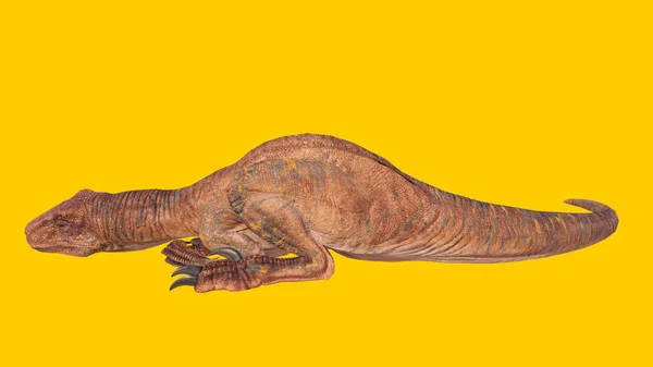 黄色い背景で寝ているおもちゃのヴェロキラプトル恐竜 — ストック写真