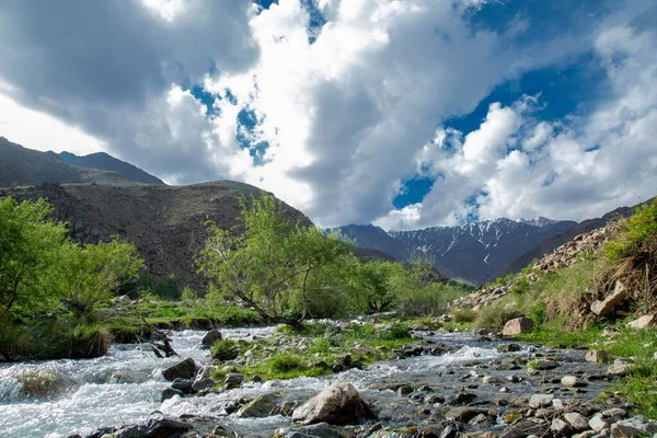 Una Vista Del Paisaje Del Río Con Montañas Fondo Contra —  Fotos de Stock