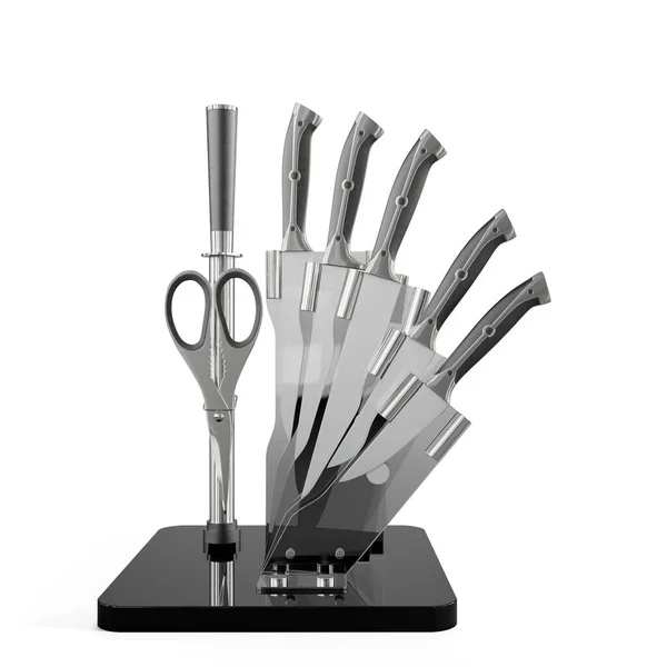 Zbliżenie Kompaktowej Podstawki Noże Stalowymi Nożami Nożyczkami Białym Tle — Zdjęcie stockowe