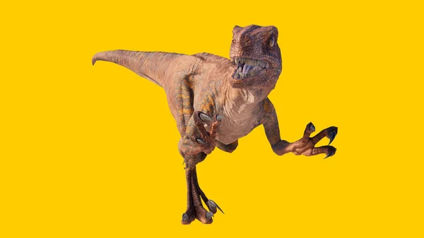 黄色の背景に孤立した轟音ヴェロキラプトル恐竜の3Dレンダリング — ストック写真