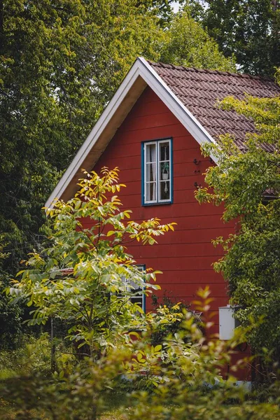 Vue Verticale Une Maison Bois Rouge Dans Paysage Automne Suède — Photo