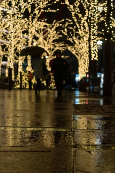 Egy Gyönyörű Felvétel Amin Emberek Sétálnak Utcán Karácsonyra Díszítve Esőben — Stock Fotó