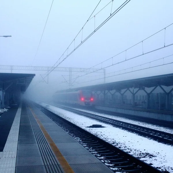 Sisli Bir Alanda Raylardan Gelen Bir Tren — Stok fotoğraf