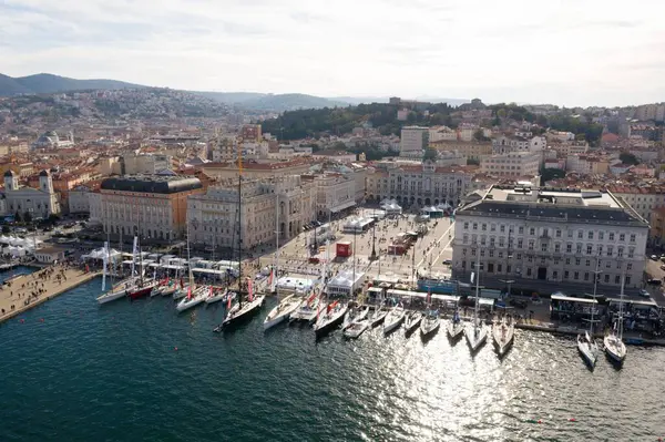 Sailing Boats Yachts Docked Gulf Trieste Barcelona Aerial — Stock Photo, Image