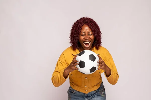Excited Black Lady Holding Football Shows Her Passion — Stock Photo, Image