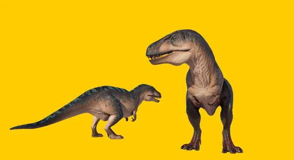 黄色の背景に孤立した数頭の恐竜の王アクロカントサウルス — ストック写真