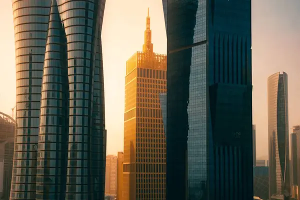 Heldere Zon Schijnt Boven Een Wolkenkrabber Doha Qatar — Stockfoto