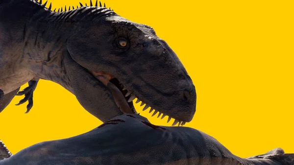 Иллюстрация Динозавра Поедающего Другого Динозавра Изолированного Желтом Фоне — стоковое фото