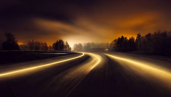 Renderowanie Świecące Żółte Światła Samochodu Drodze Przez Las — Zdjęcie stockowe