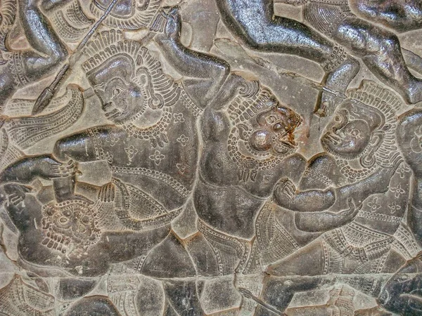 Una Imagen Grabado Una Batalla Lanka Una Piedra Angkor Wat — Foto de Stock