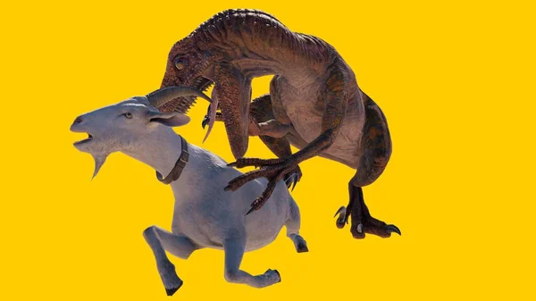Renderelés Egy Velociraptor Dinoszaurusz Eszik Egy Kecske Izolált Sárga Alapon — Stock Fotó