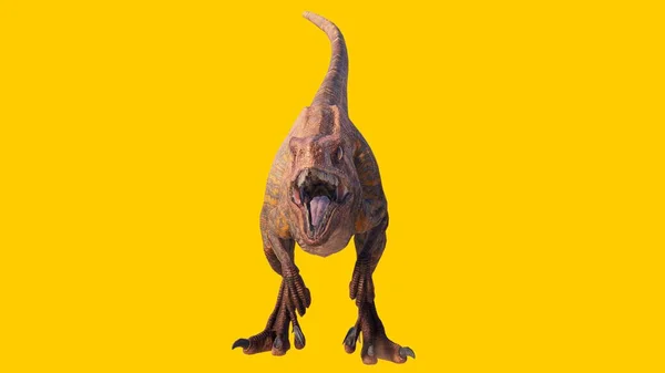 Uma Renderização Dinossauro Rugindo Velociraptor Isolado Fundo Amarelo — Fotografia de Stock