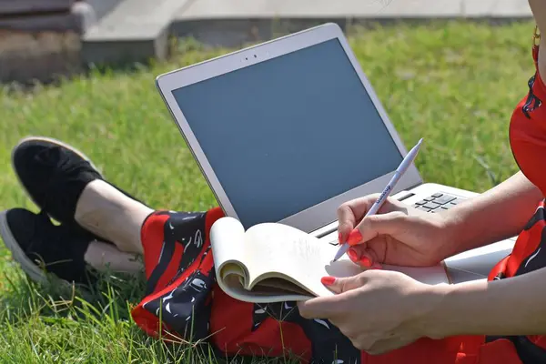 Zbliżenie Kobiety Siedzącej Trawie Laptopem Nogach Piszącej Notatniku — Zdjęcie stockowe