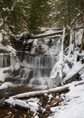 Michigan, Munising dışında karlı bir Wagner Falls 'un dikey çekimi.