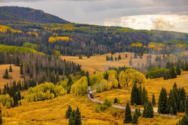 Eski bir buhar treni New Mexico yakınlarındaki bir dağ geçidine çıkıyor.