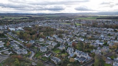 An aerial shot of the small fishing town of Nairn in the highlands of Scotland. clipart