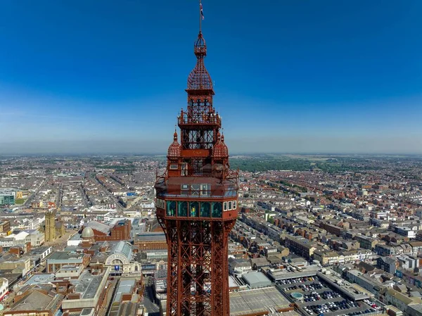 Una Vista Drone Della Blackpool Tower Blackpool Inghilterra Alla Luce — Foto Stock