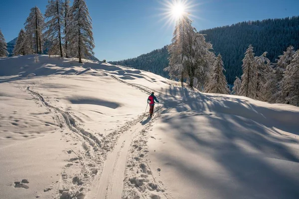 Esquiador Com Uma Montanha Rochosa Coberta Neve Fundo — Fotografia de Stock