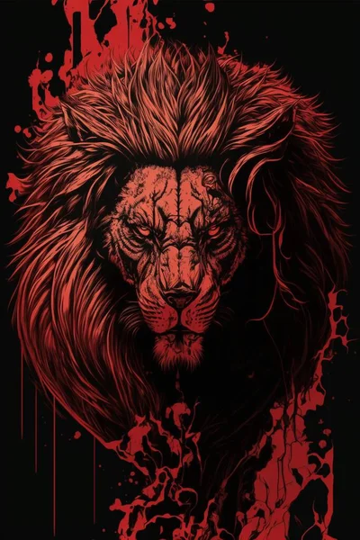 一个垂直的3D描绘了一个红色背景上有疤痕的严重的狮尾狮 — 图库照片