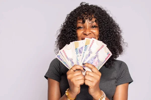 Pretty African Lady Holding Some Money Feeling Excited — Stock Photo, Image
