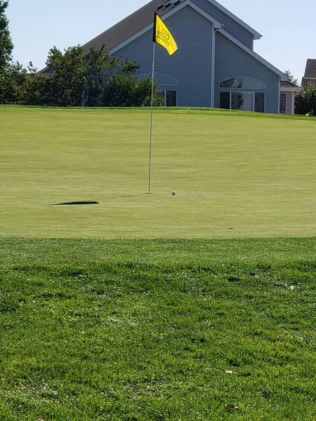 背景の建物で提出ゴルフで黄色の旗の垂直ショット — ストック写真