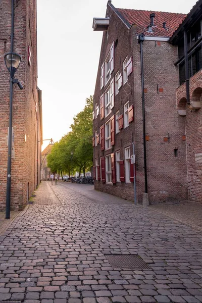 Uma Vista Panorâmica Caminho Paralelepípedos Rodeado Por Edifícios Encontrados Zwolle — Fotografia de Stock