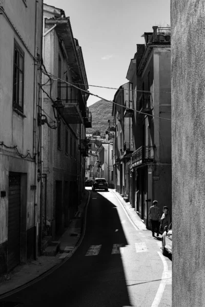 Een Verticale Grijsschaal Van Een Smalle Straat Stad Gemeente Lauria — Stockfoto