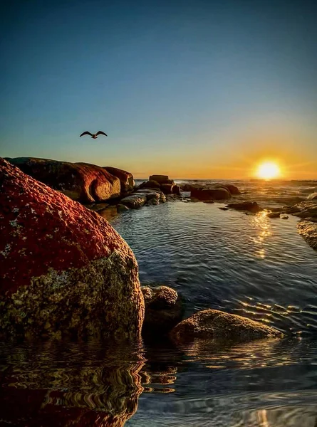 Uma Bela Vista Uma Água Rochosa Oceano Durante Pôr Sol — Fotografia de Stock
