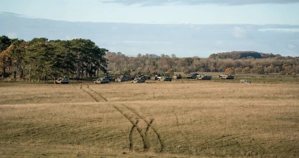 Ескадра Армійських Бойових Танків Рухаються Полі — стокове фото