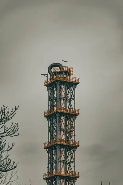 曇りの空の下で裸の木に囲まれた高灰色と黄色の塔の垂直ショット — ストック写真