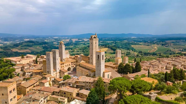 stock image An aerial view of the San Gimignano Torre Grossa with a blue sky in the background, Italy, Tuscany