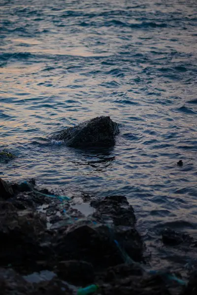 Egy Függőleges Közelkép Egy Kis Kőről Óceán Közepén — Stock Fotó