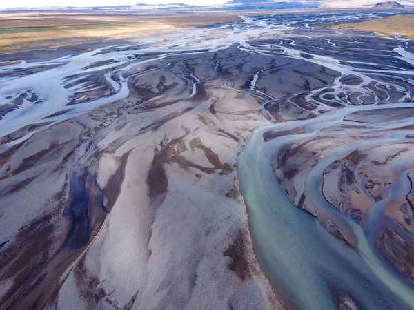 stock image An aerial drone view of a huge riverbed and delta, glacial river system in Iceland