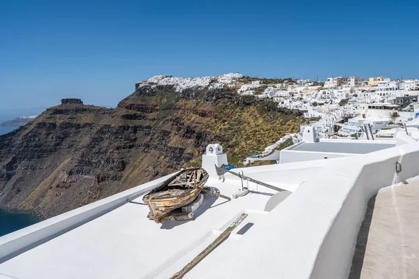Daleki Krajobraz Miasta Fira Wyspie Santorini Architekturze Rowerowej Grecji — Zdjęcie stockowe