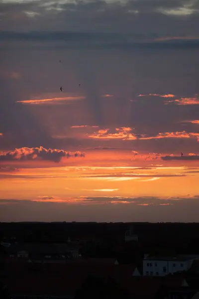 Eine Vertikale Silhouettenaufnahme Einer Stadt Und Eines Schönen Sonnenuntergangs Horizont — Stockfoto