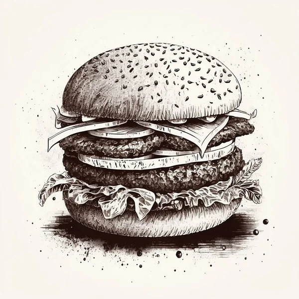 Siyah Beyaz Çizim Olarak Büyük Bir Duble Burger Eskiz Olarak — Stok fotoğraf