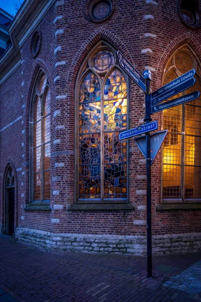 Vertical Shot Colored Windows Found Exterior Building Gouda Netherlands — Stock Photo, Image