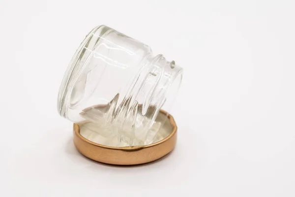 Primo Piano Una Piccola Marmellata Vuota Trasparente Conservare Vaso Vetro — Foto Stock