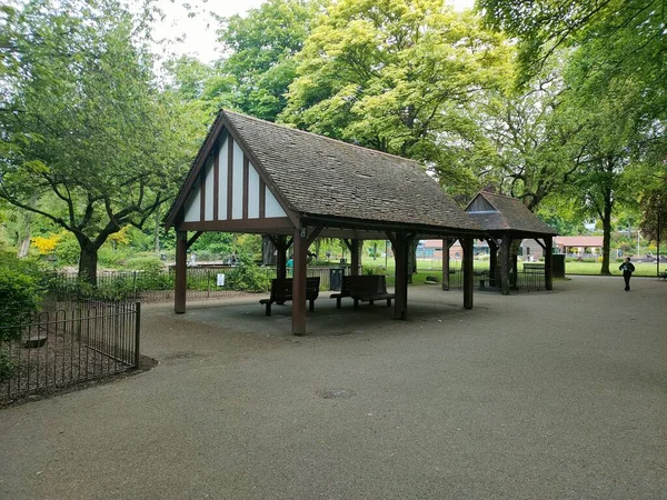 View Wooden Pavilions Benches Park — Stock Photo, Image